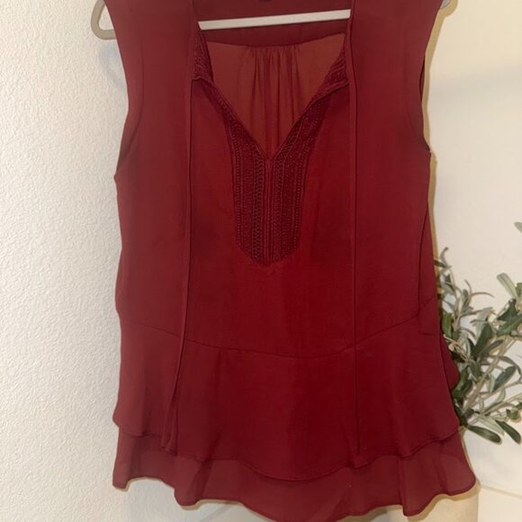 Wine Red Blouse w/ Tie Neck & Ruffle Hem - Picture 2 of 3